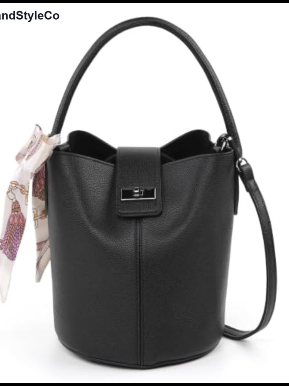 Vegan Leather Crossbody Bucket Bag Adjustable Strap Detachable Scarf